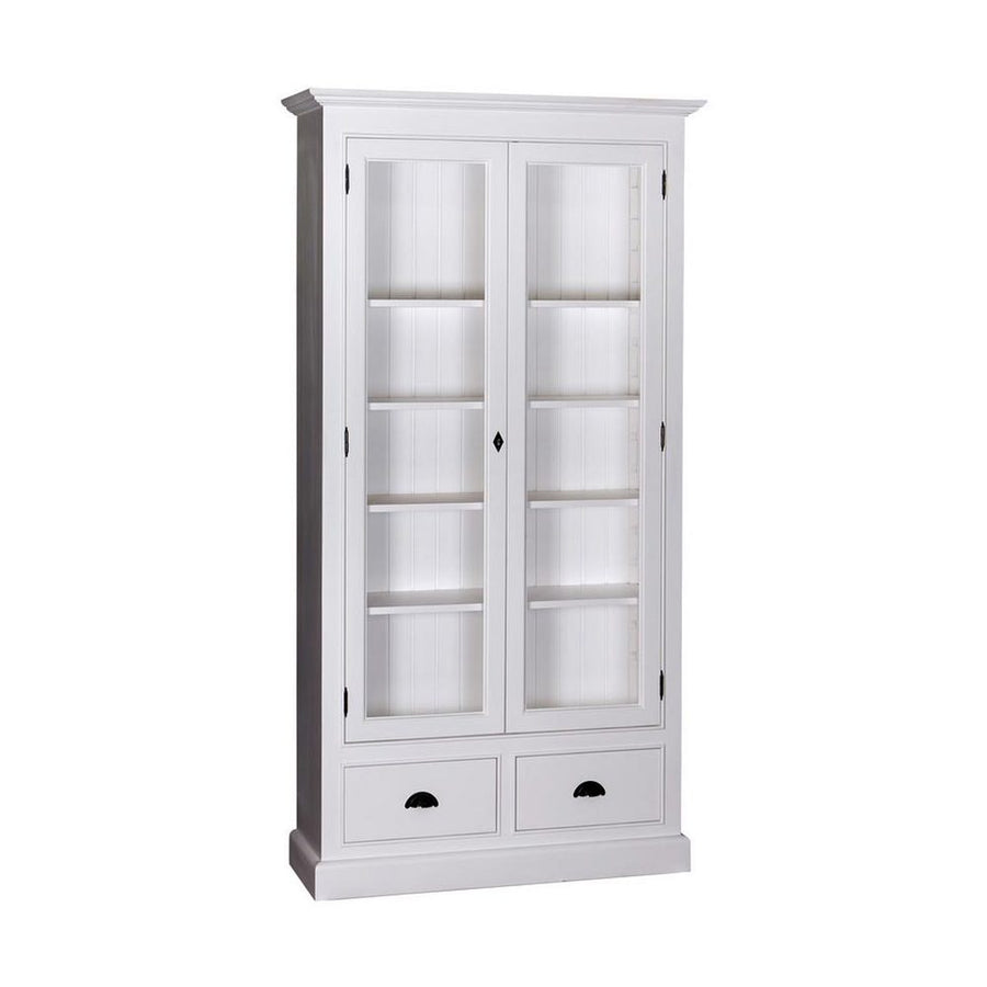 Tömör fenyőfából készült, 109 cm hosszú és 210 cm magas, kétfiókos, kétajtós zárható vitrin-könyvszekrény