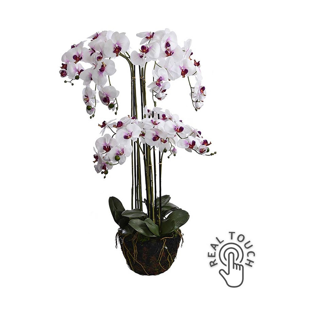Fehér-lila színű mű orchidea, mesterséges földlabdában.