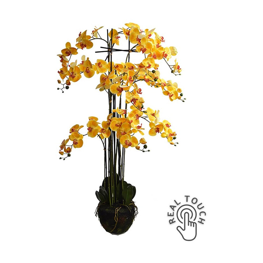 Sárga színű mű orchidea, mesterséges földlabdában.