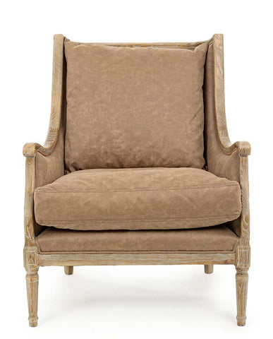 Koloniál stílusú, kőrisfából készült, terrakotta színű textillel kárpitozott fotel.