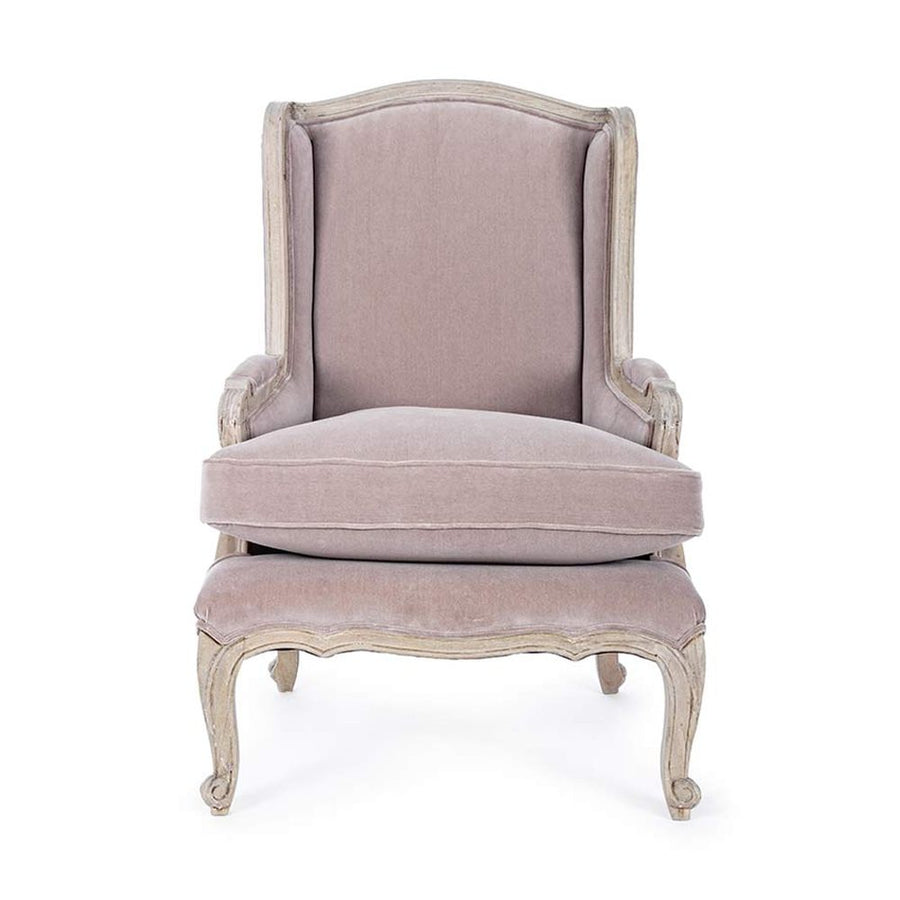 Koloniál stílusú, újrahasznosított mangófából készült púderrózsaszín fülesfotel.