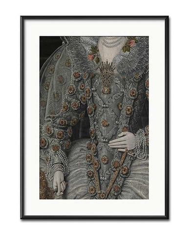 Keretezett, paszpartuval ellátott, üvegezett reneszánsz portré részlet I. Erzsébetről
