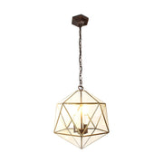 Modern, Art Deco stílusú, aranyszínű fémből és víztiszta üvegből készült, 30 cm átmérőjű, ikozaéder formájú, beltéri függesztek lámpa.