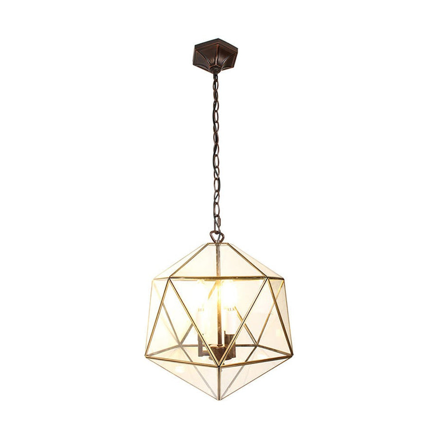 Modern, Art Deco stílusú, aranyszínű fémből és víztiszta üvegből készült, 30 cm átmérőjű, ikozaéder formájú, beltéri függesztek lámpa.