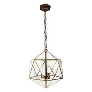 Modern, Art Deco stílusú, aranyszínű fémből és víztiszta üvegből készült, 30 cm átmérőjű, ikozaéder formájú, beltéri függesztek lámpa.