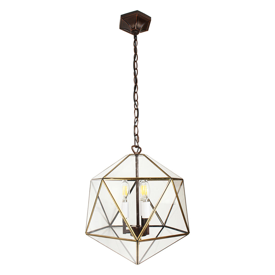 Modern, Art Deco stílusú, aranyszínű fémből és víztiszta üvegből készült, 30 cm átmérőjű, ikozaéder formájú, beltéri függesztek lámpa.