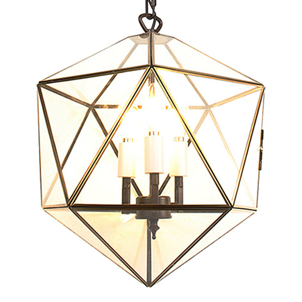 Modern, Art Deco stílusú, aranyszínű fémből és víztiszta üvegből készült, 30 cm átmérőjű, ikozaéder formájú, beltéri függesztek lámpa.
