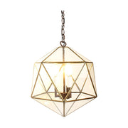 Modern, Art Deco stílusú, aranyszínű fémből és víztiszta üvegből készült, 30 cm átmérőjű, ikozaéder formájú, beltéri függesztek lámpa.