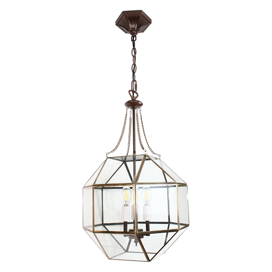 Aranyszínű fémből és víztiszta üvegből készült, 35 cm átmérőjű, rombikuboktaéder formájú, beltéri függesztek lámpa.