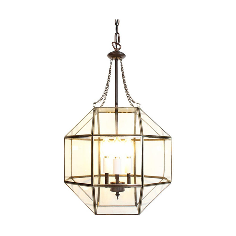 Aranyszínű fémből és víztiszta üvegből készült, 35 cm átmérőjű, rombikuboktaéder formájú, beltéri függesztek lámpa.