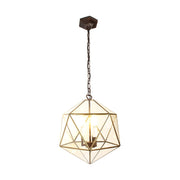 Modern, Art Deco stílusú, aranyszínű fémből és víztiszta üvegből készült, 35 cm átmérőjű, ikozaéder formájú, beltéri függesztek lámpa.