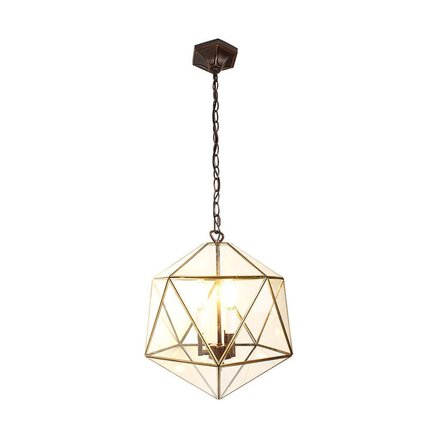 Modern, Art Deco stílusú, aranyszínű fémből és víztiszta üvegből készült, 35 cm átmérőjű, ikozaéder formájú, beltéri függesztek lámpa.