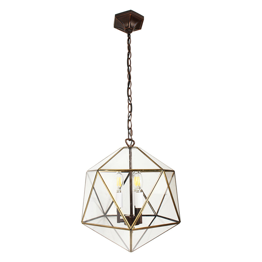 Modern, Art Deco stílusú, aranyszínű fémből és víztiszta üvegből készült, 35 cm átmérőjű, ikozaéder formájú, beltéri függesztek lámpa.