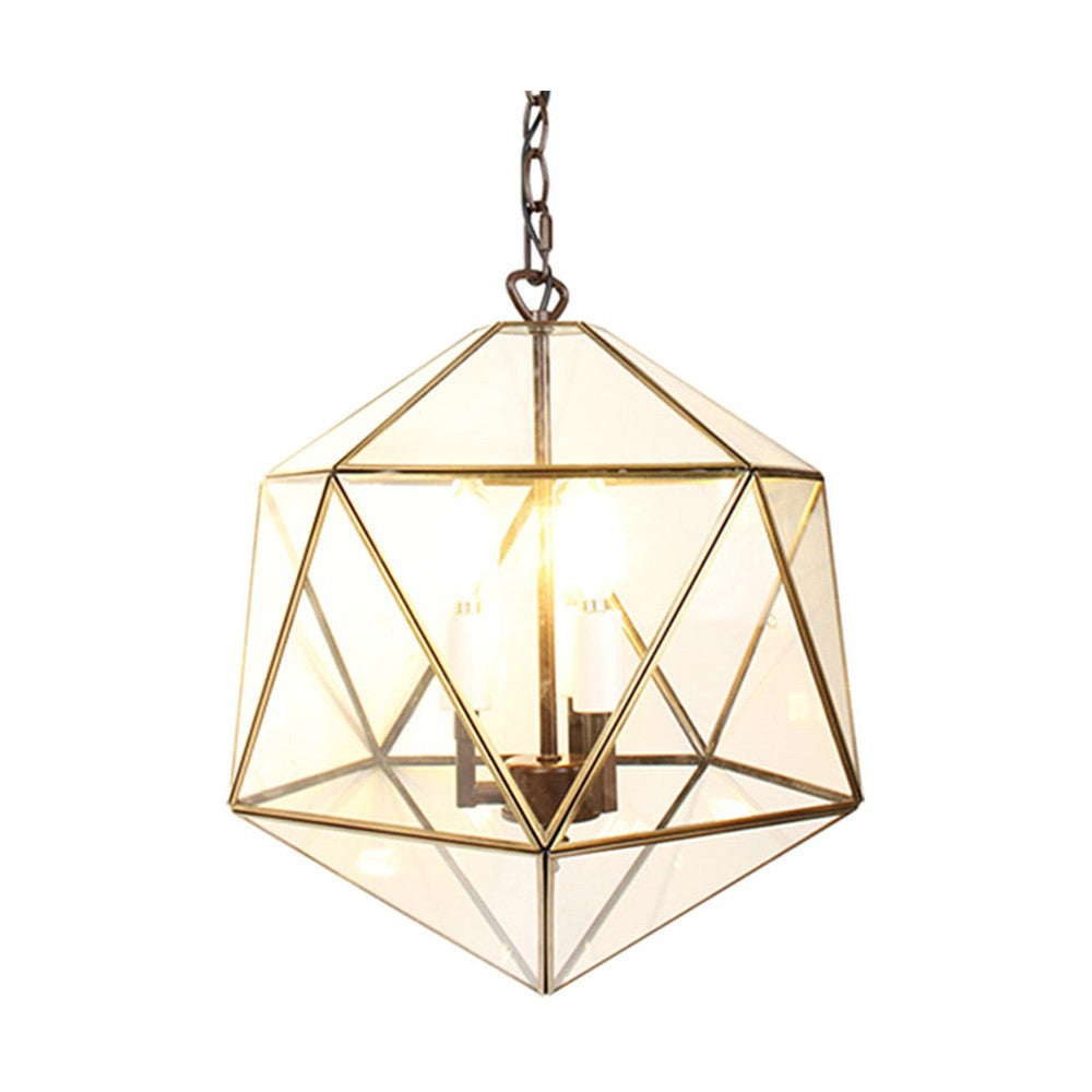 Modern, Art Deco stílusú, aranyszínű fémből és víztiszta üvegből készült, 35 cm átmérőjű, ikozaéder formájú, beltéri függesztek lámpa.