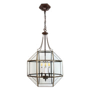 Aranyszínű fémből és víztiszta üvegből készült, 40 cm átmérőjű, rombikuboktaéder formájú, beltéri függesztek lámpa.