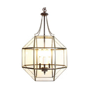 Aranyszínű fémből és víztiszta üvegből készült, 40 cm átmérőjű, rombikuboktaéder formájú, beltéri függesztek lámpa.