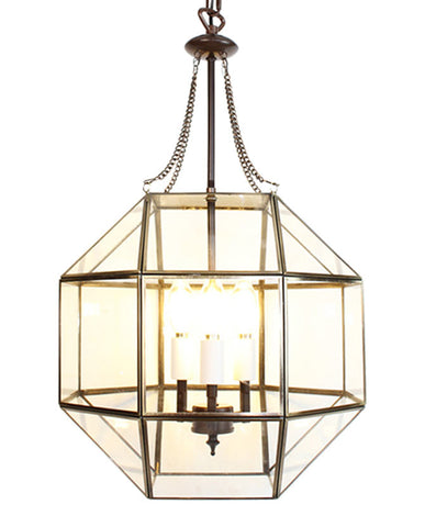 Aranyszínű fémből és víztiszta üvegből készült, 40 cm átmérőjű, rombikuboktaéder formájú, beltéri függesztek lámpa.