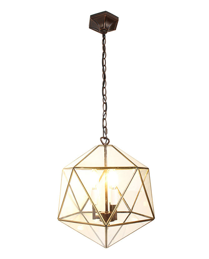 Modern, Art Deco stílusú, aranyszínű fémből és víztiszta üvegből készült, 40 cm átmérőjű, ikozaéder formájú beltéri függesztek lámpa..