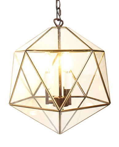 Modern, Art Deco stílusú, aranyszínű fémből és víztiszta üvegből készült, 40 cm átmérőjű, ikozaéder formájú beltéri függesztek lámpa.