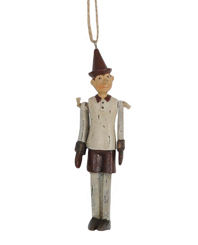 Vintage stílusú, 12 cm magas, fa hatású, függeszthető Pinokkió-figura.