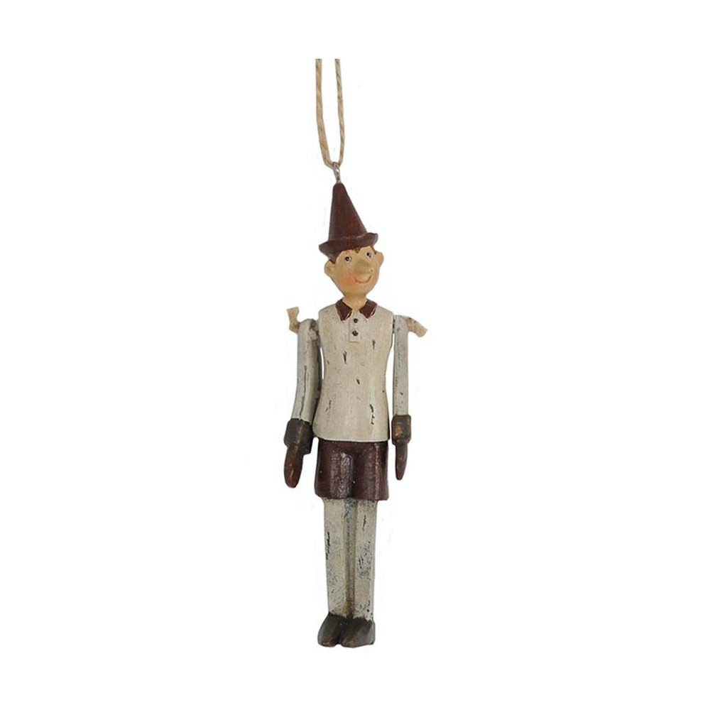 Vintage stílusú, 12 cm magas, fa hatású, függeszthető Pinokkió-figura.