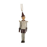 Vintage stílusú, 12 cm magas, fa hatású, függeszthető Pinokkió-figura.