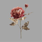 Mű bazsarózsa fényes pezsgőszínű szárral és levelekkel, mályva színárnyalatú nyílt és bimbós virágfejekkel.