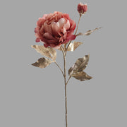 Mű bazsarózsa fényes pezsgőszínű szárral és levelekkel, mályva színárnyalatú nyílt és bimbós virágfejekkel.