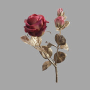 Glamour stílusú mű rózsaág pezsgőszínű szárral és levelekkel, fáradt bordó színárnyalatú virágfejekkel.