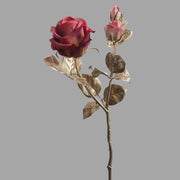 Glamour stílusú mű rózsaág pezsgőszínű szárral és levelekkel, fáradt bordó színárnyalatú virágfejekkel.