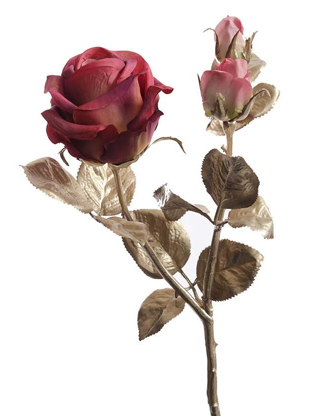 Glamour stílusú mű rózsaág  pezsgőszínű szárral és levelekkel, fáradt bordó színárnyalatú virágfejekkel.
