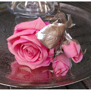 Glamour stílusú, mű rózsaág pezsgőszínű szárral és levelekkel, korall színárnyalatú virágfejekkel.