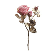 Glamour stílusú, élethű, exkluzív megjelenésű,, fényes, pezsgő színű szárú és levelű, pink színárnyalatú nyílt és bimbós virágfejű mesterséges rózsaág.