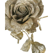 Glamour stílusú, exkluzív megjelenésű, 18 cm hosszú, glitteres, óarany színű mesterséges mű rózsa pick