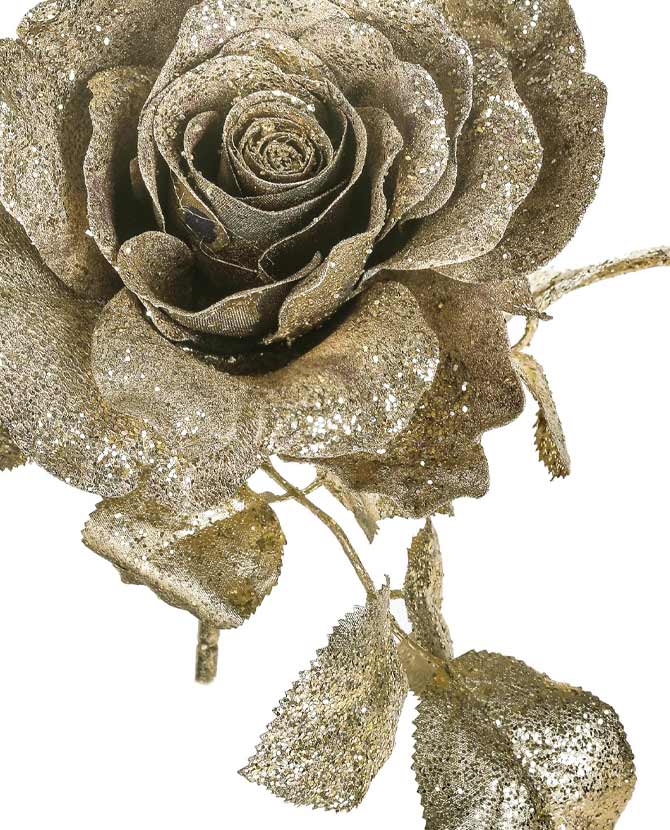 Glamour stílusú, exkluzív megjelenésű, 18 cm hosszú, glitteres, óarany színű mesterséges mű rózsa pick