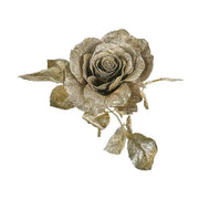 Glamour stílusú, exkluzív megjelenésű, 18 cm hosszú, glitteres, óarany színű mesterséges mű rózsa pick