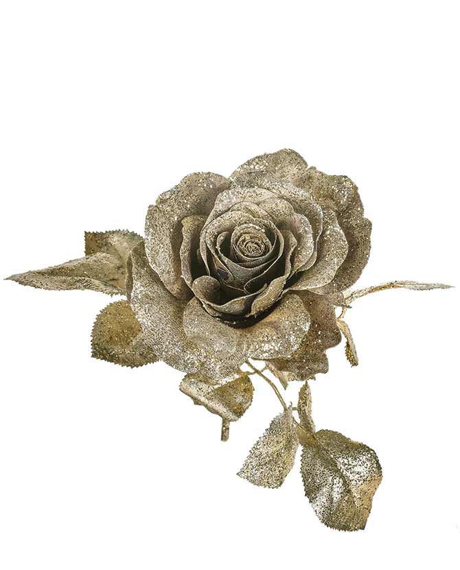 Glamour stílusú, exkluzív megjelenésű, 18 cm hosszú, glitteres, óarany színű mesterséges mű rózsa pick