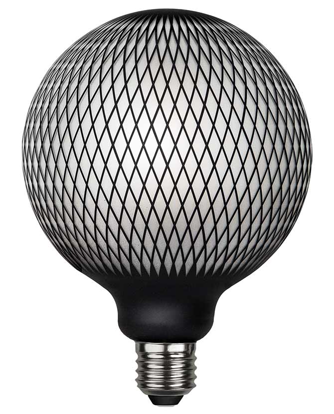 Graohic Diamond dekorációs izzó. Meleg fehér fényű LED dekorációs izzó, opálos üveggel és matt fekete színű grafikai mintával