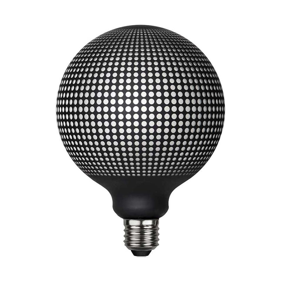 Graphic Dot dekorációs izzó. Meleg fehér fényű LED dekorációs izzó, opálos üveggel és matt fekete színű grafikai mintával