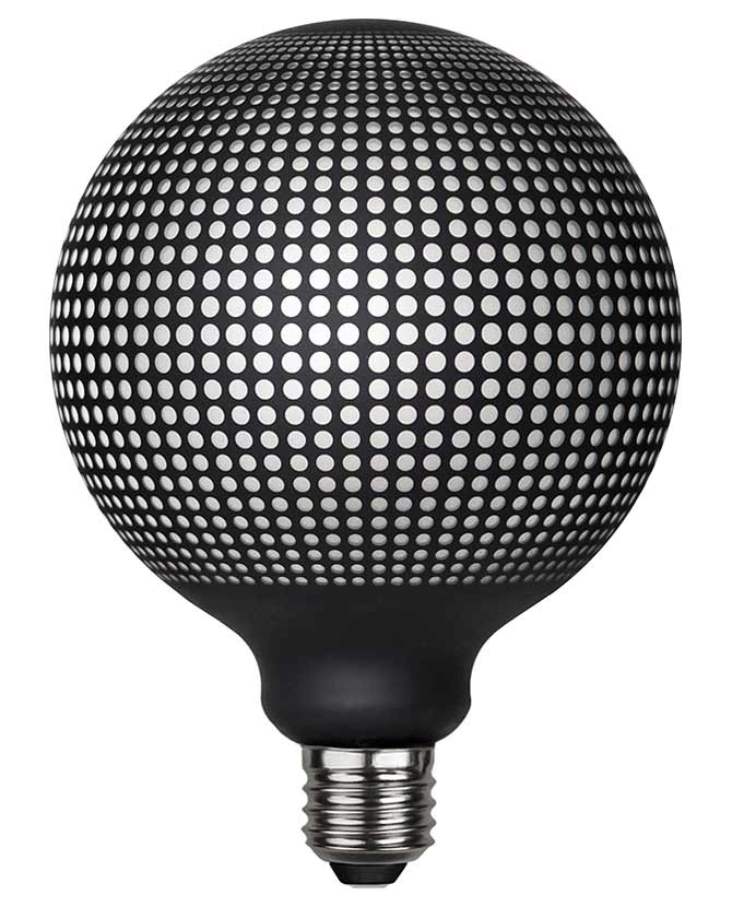 Graphic Dot dekorációs izzó. Meleg fehér fényű LED dekorációs izzó, opálos üveggel és matt fekete színű grafikai mintával