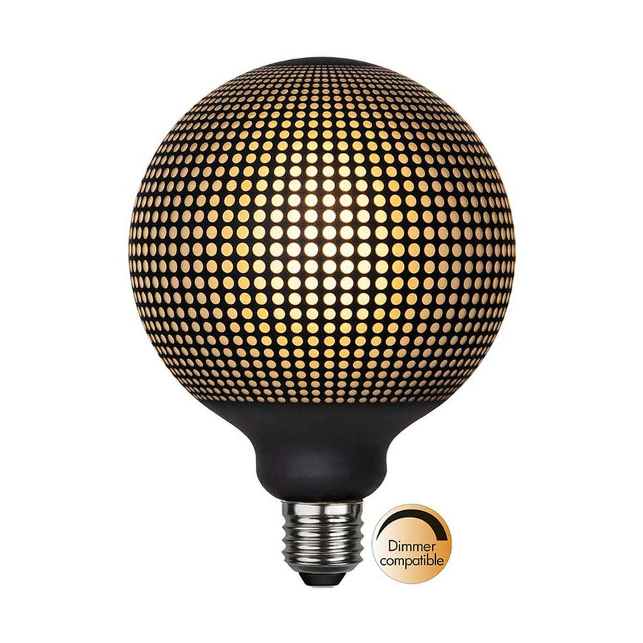 Graphic Dot dekorációs izzó. Meleg fehér fényű LED dekorációs izzó, opálos üveggel és matt fekete színű grafikai mintával