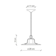 Rusztikus, vidéki stílusú, antikolt, repesztett felületű mázas kerámiából és rozsdás fémből készült, textilburkolatú vezetékkel kialakított, kézműves függeszték lámpa..