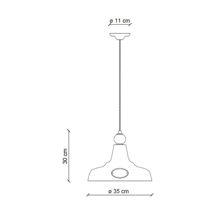 Rusztikus, vidéki stílusú, antikolt felületű mázas kerámiából és rozsdás fémből készült, textilburkolatú vezetékkel kialakított, kézműves függeszték lámpa.