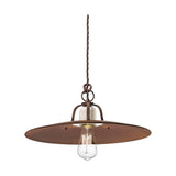 Rusztikus, vidéki stílusú, állítható magasságú, antikolt, repesztett felületű mázas kerámiából és rozsdás fémből készült, textilburkolatú vezetékkel kialakított, kézműves függeszték lámpa.