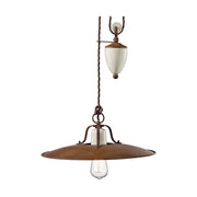 Rusztikus, vidéki stílusú, állítható magasságú, antikolt, repesztett felületű mázas kerámiából és rozsdás fémből készült, textilburkolatú vezetékkel kialakított, kézműves függeszték lámpa.