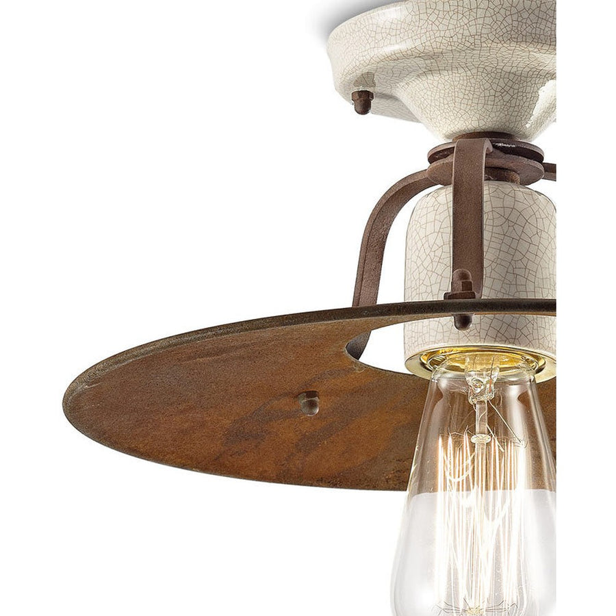 Rusztikus, vidéki stílusú, antikolt, repesztett felületű mázas kerámiából és rozsdás fémből készült, kézműves mennyezeti lámpa.