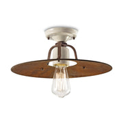 Rusztikus, vidéki stílusú, antikolt, repesztett felületű mázas kerámiából és rozsdás fémből készült, kézműves mennyezeti lámpa.