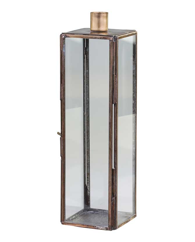 Skandináv stílusú, antikolt felületű, rézszínű fém gyertyatartó üveg tárolóval.