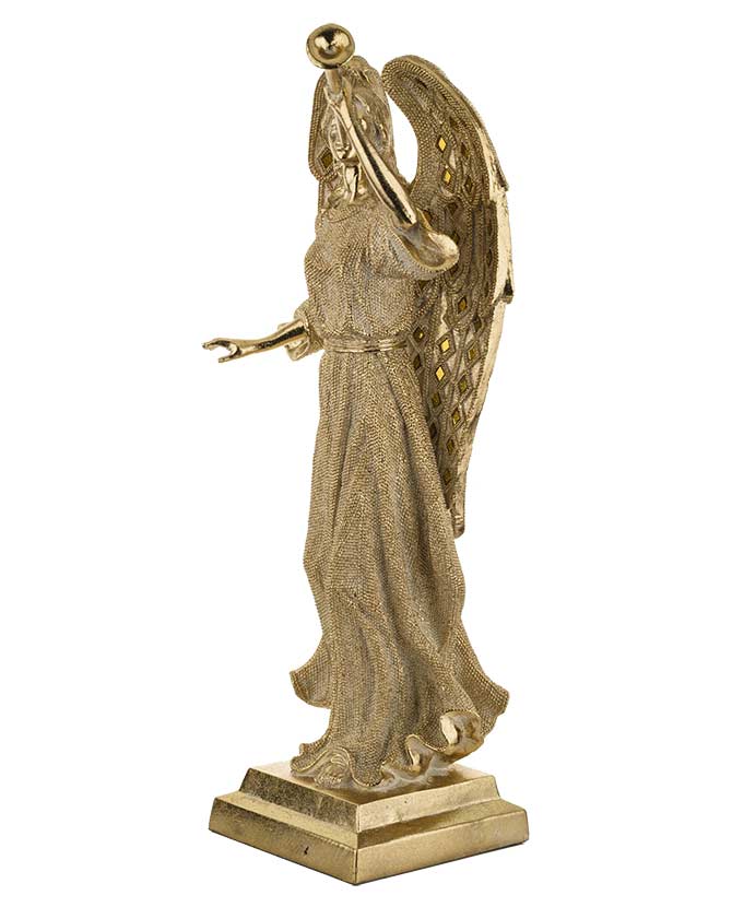 Prémium kategóriás, glamour stílusú, nagyméretű, 51 cm magas, arany színű, harsonás karácsonyi angyal figura  oldalnézeti képe