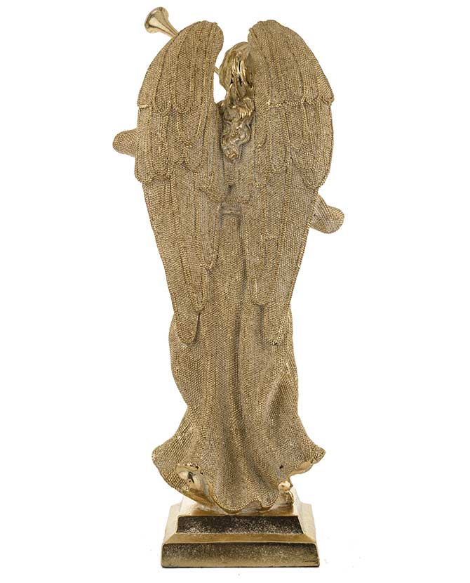 Prémium kategóriás, glamour stílusú, nagyméretű, 51 cm magas, arany színű, harsonás karácsonyi angyal figura  hátulnézeti képe